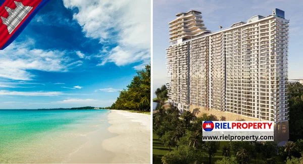 Split screen showing Time Square condominium in Phnom Penh and the tropical beach of Sihanoukville, Cambodia.
