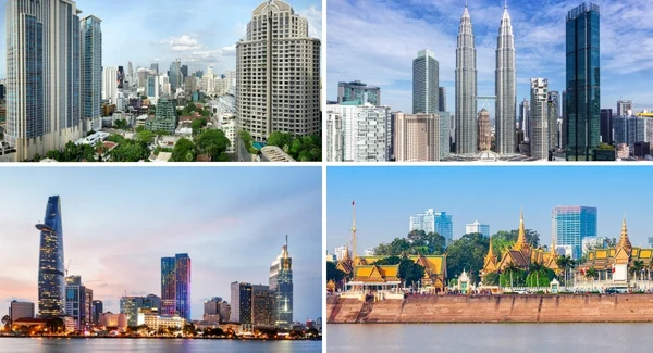 Comparative infographic of property investment metrics in Cambodia, Thailand, Malaysia, and Vietnam including rental yields, ownership rights, and price per square meter.